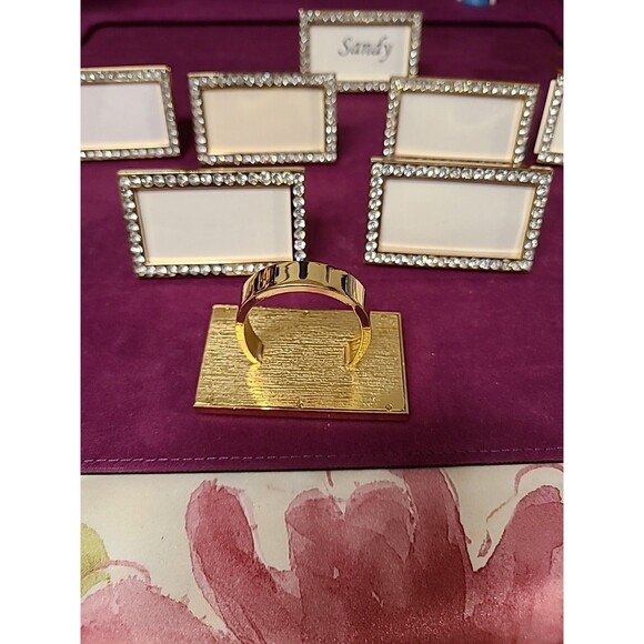 6 Metal Dinner Place Card & Napkin Ring Holders Combination Gold Frame Set - Picture 7 of 8
